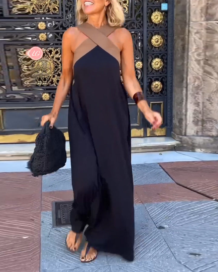 Stylish women's elegant cross neck maxi dress with an open back, ideal for evening parties and formal events.