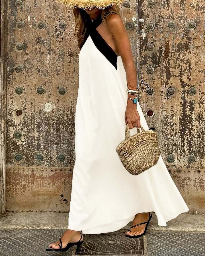 Stunning women's maxi evening dress with an elegant cross neck, perfect for formal events & parties.