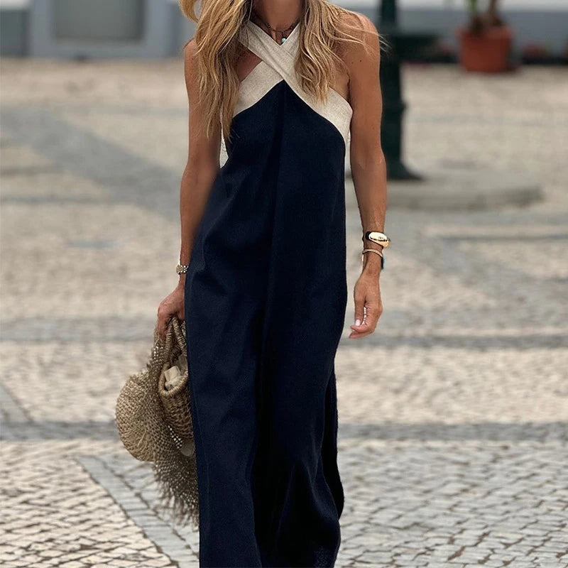 Luxurious women's cross neck maxi dress, an elegant choice for any special occasion or formal event.