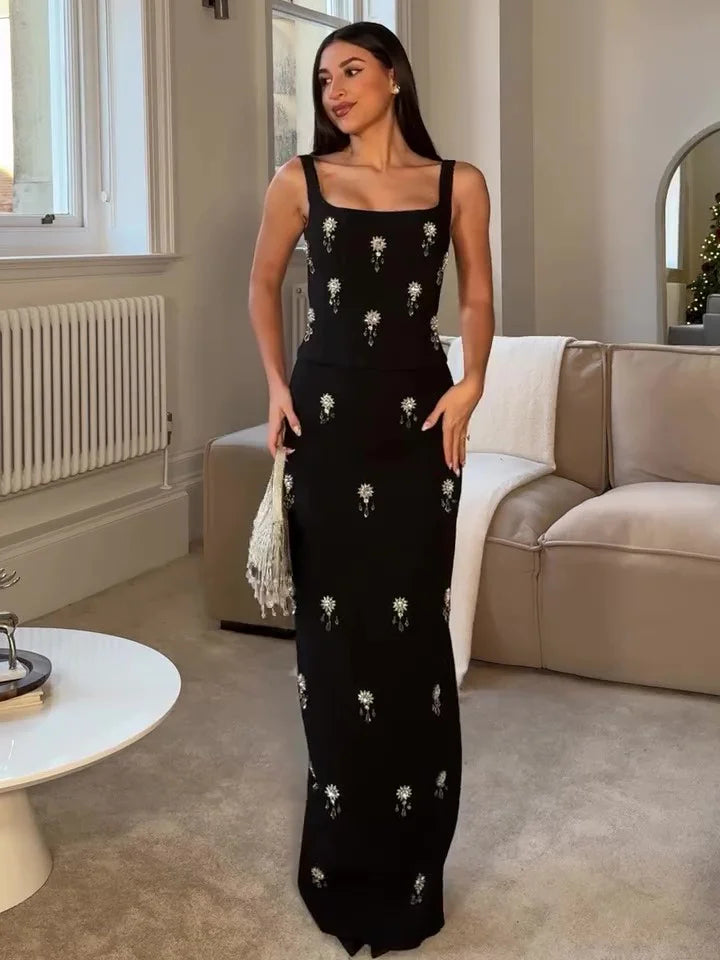 Women's elegant black maxi dress, crystal embellished, square neck, a sophisticated choice for evening and formal parties.