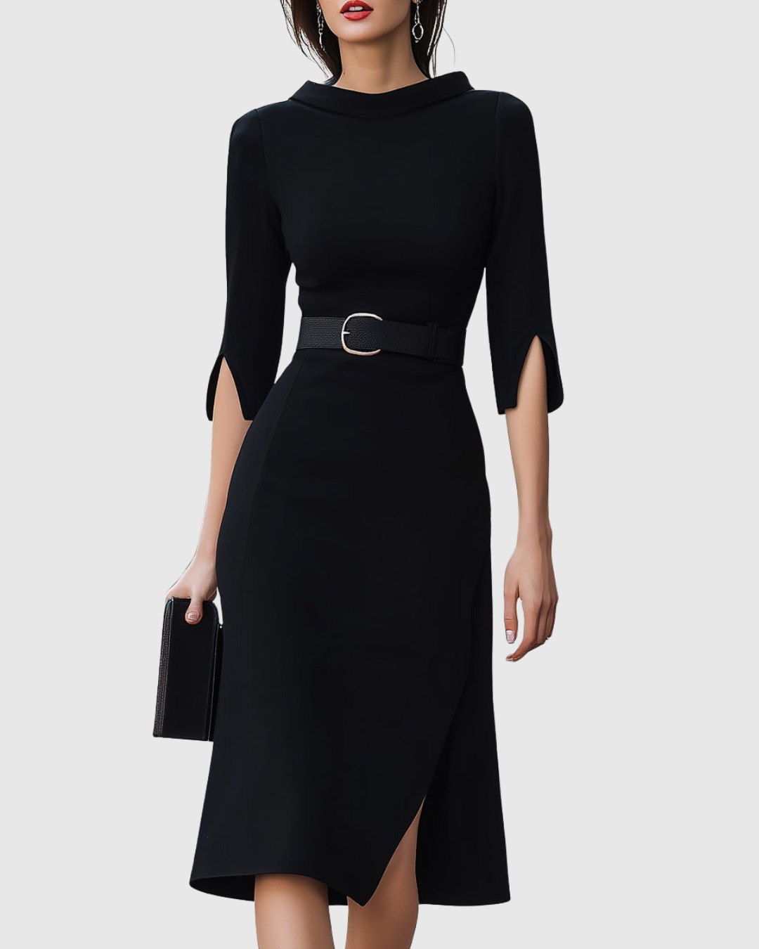 Elegant women's black midi dress with a timeless design, perfect for sophisticated evening events or professional attire.