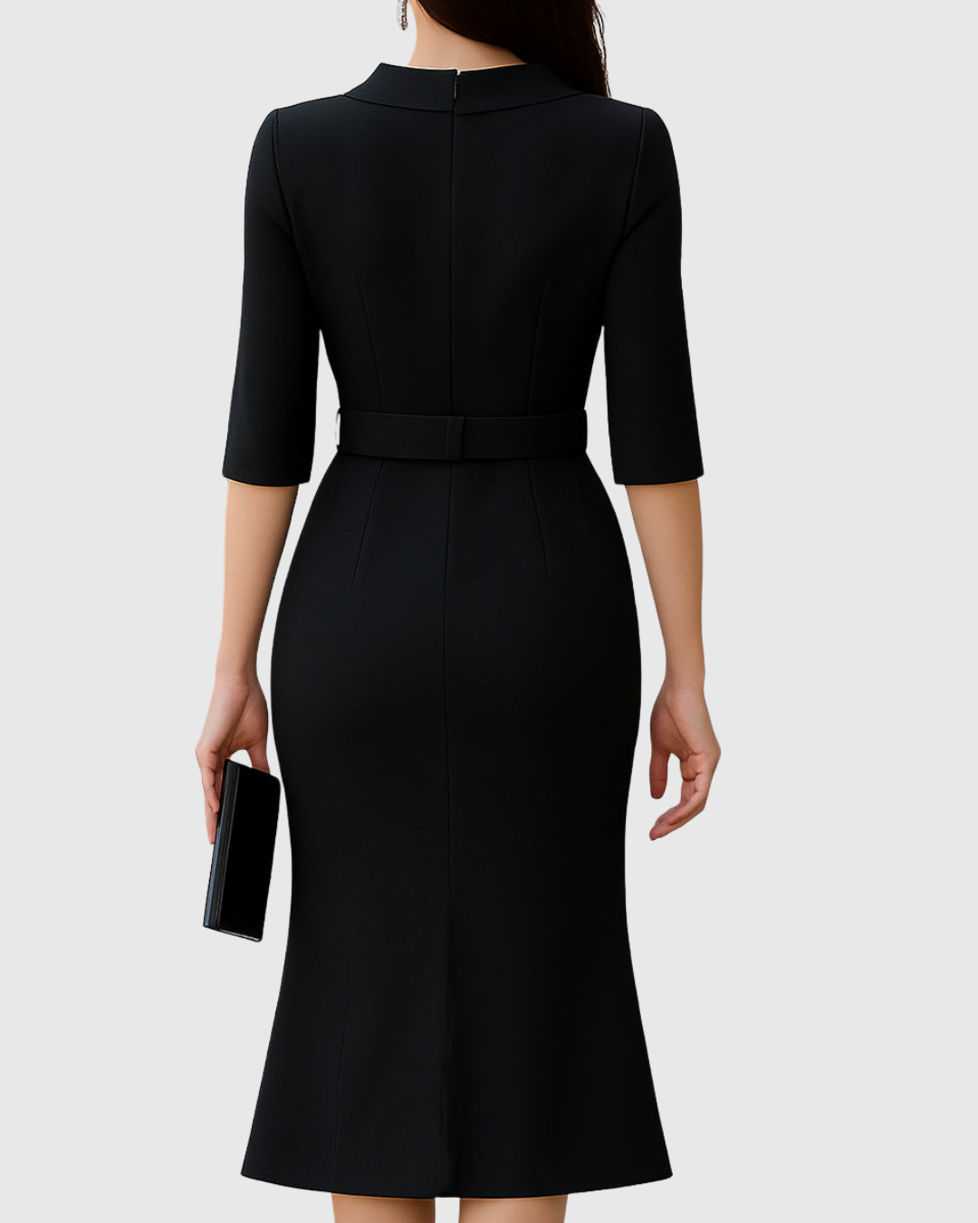 Chic black midi dress for women, featuring a flattering belted waist and classic sophisticated style, ideal for cocktails.