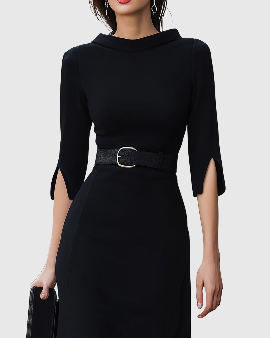 Formal black midi dress for women, offering professional elegance and timeless sophistication for evening wear or events.
