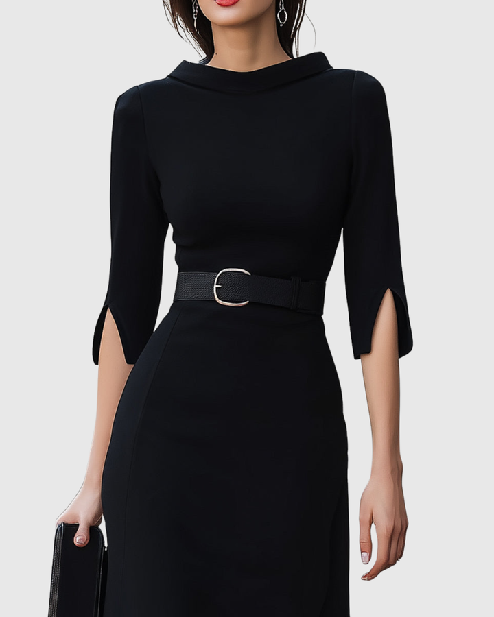 Formal black midi dress for women, offering professional elegance and timeless sophistication for evening wear or events.