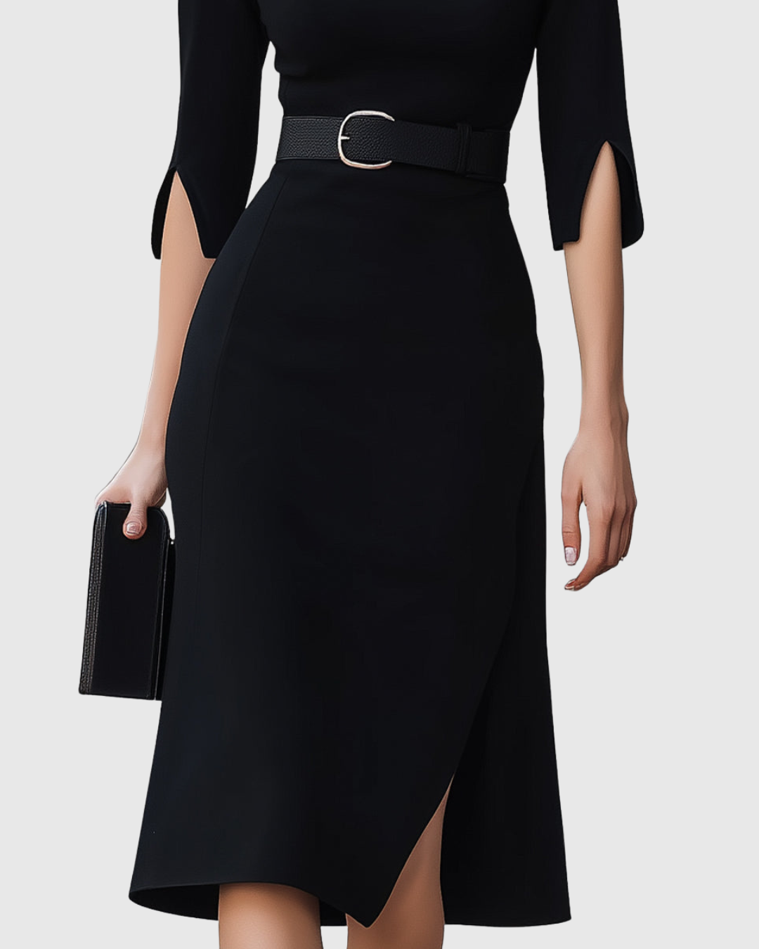 Sophisticated women's black midi dress with a classic silhouette, perfect for formal occasions and elegant evening attire.