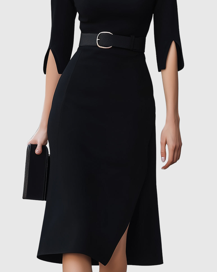Sophisticated women's black midi dress with a classic silhouette, perfect for formal occasions and elegant evening attire.