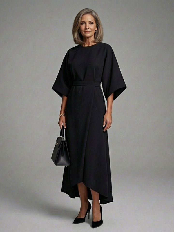 Elegant women's black midi dress with chic cape sleeves & asymmetric hem. Perfect for parties & formal events.