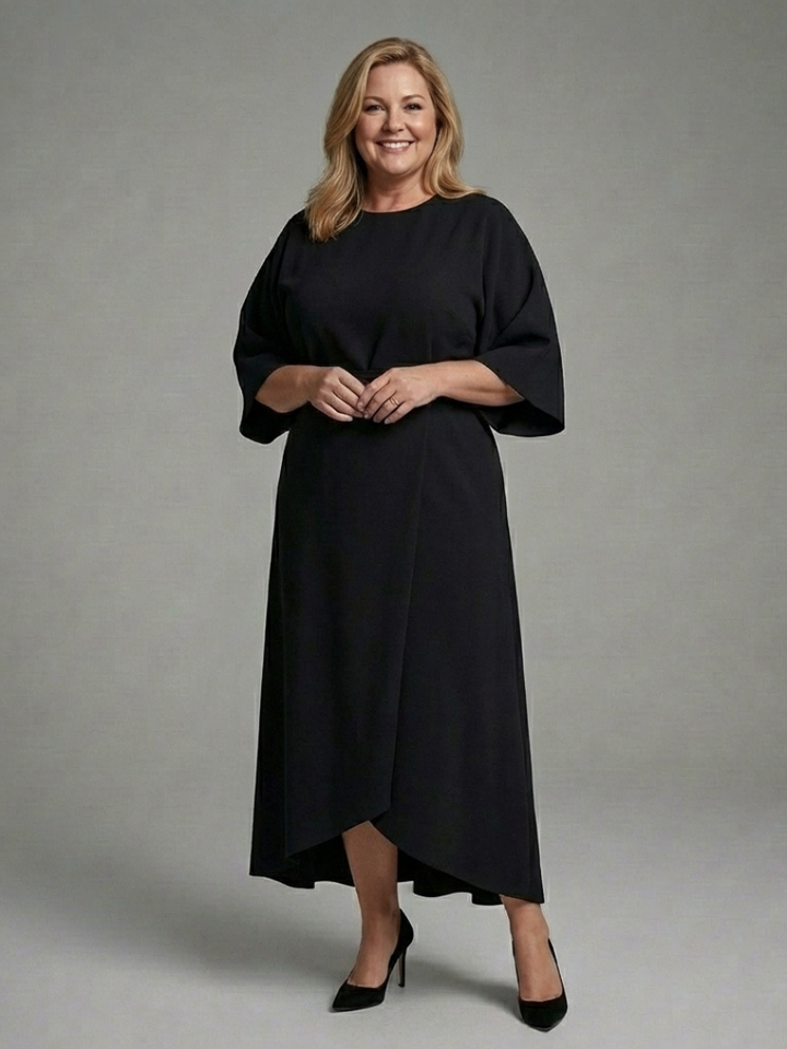 Stunning party midi dress for women. Features elegant cape sleeves, a modern asymmetric hem & figure-flattering waist.