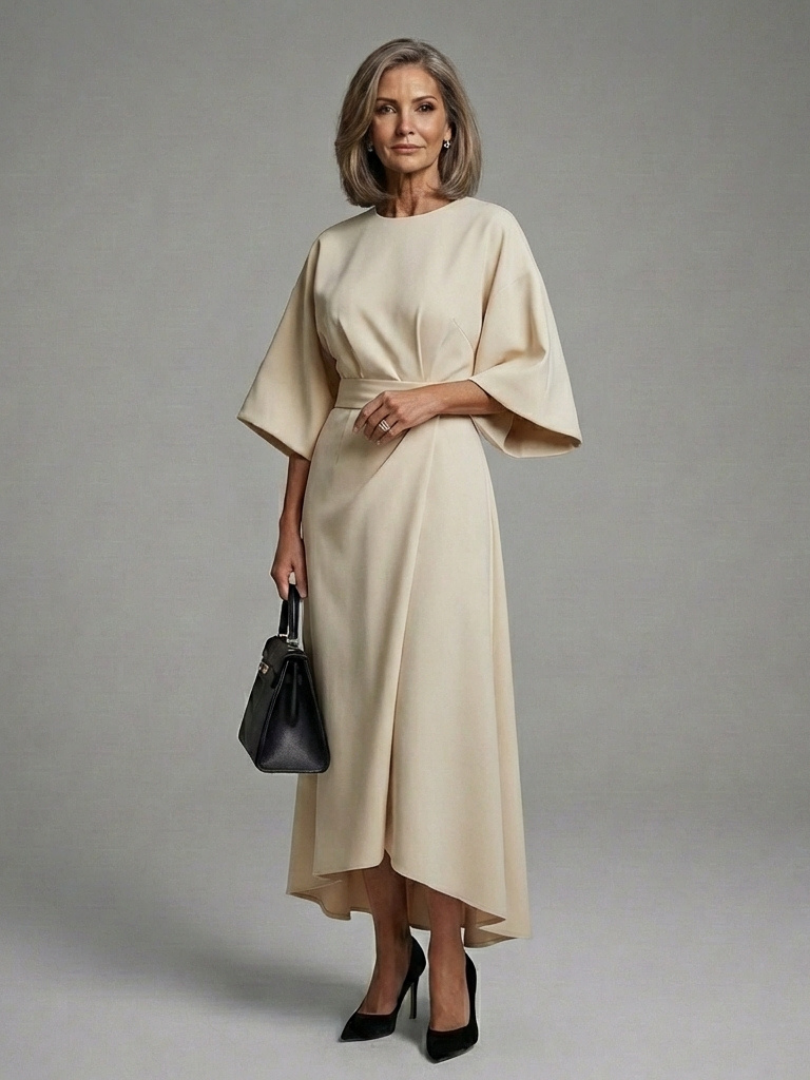 Close-up of an elegant midi dress, highlighting its distinctive cape sleeves & stylish asymmetric hemline for women.