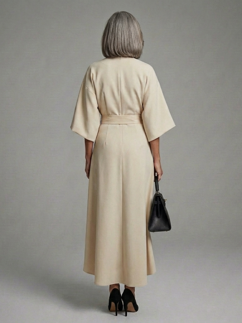 Figure-flattering black midi dress for women. Features elegant cape sleeves, an asymmetric cut & waist-defining design.