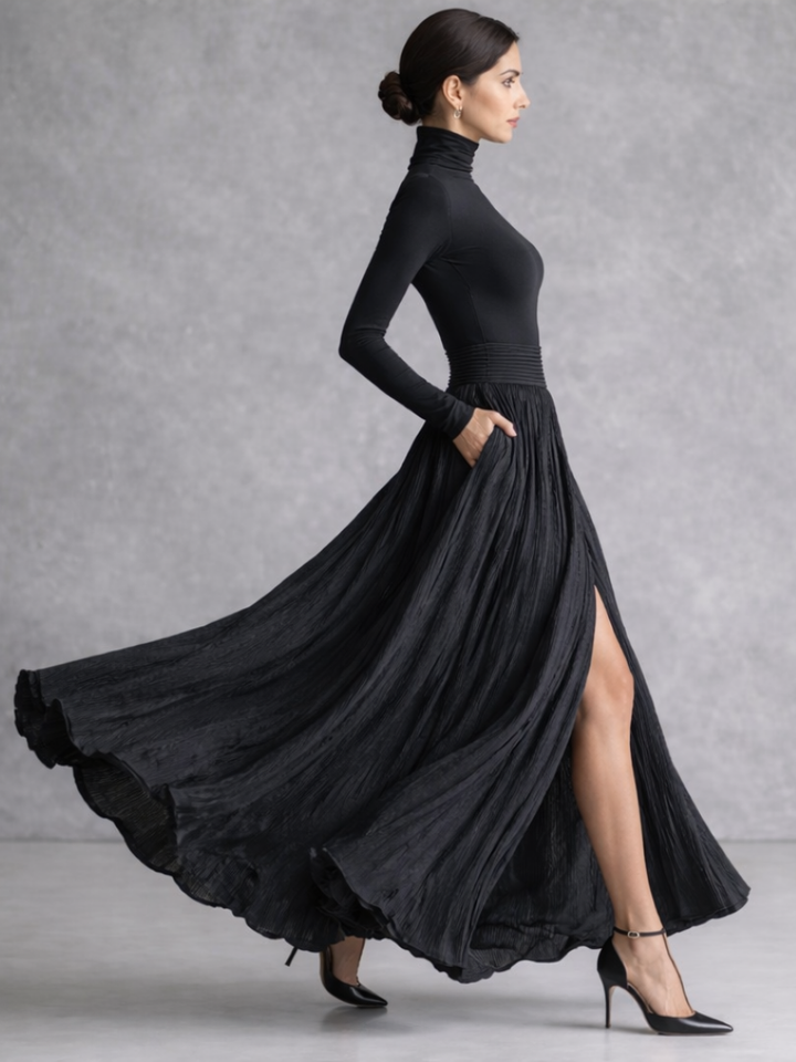Modest women's long sleeve pleated maxi dress featuring a high turtleneck and full skirt for sophisticated style.
