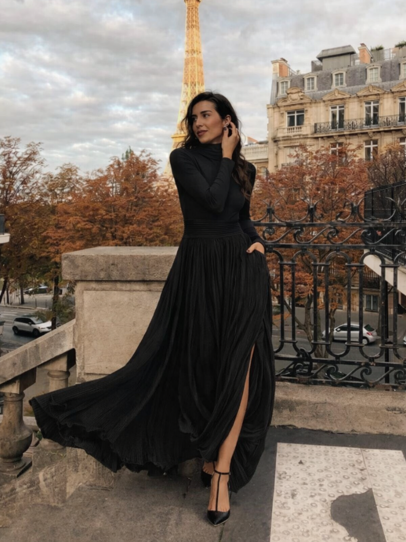 Sophisticated women's long sleeve pleated maxi dress with a turtleneck, a chic and modest choice for parties.