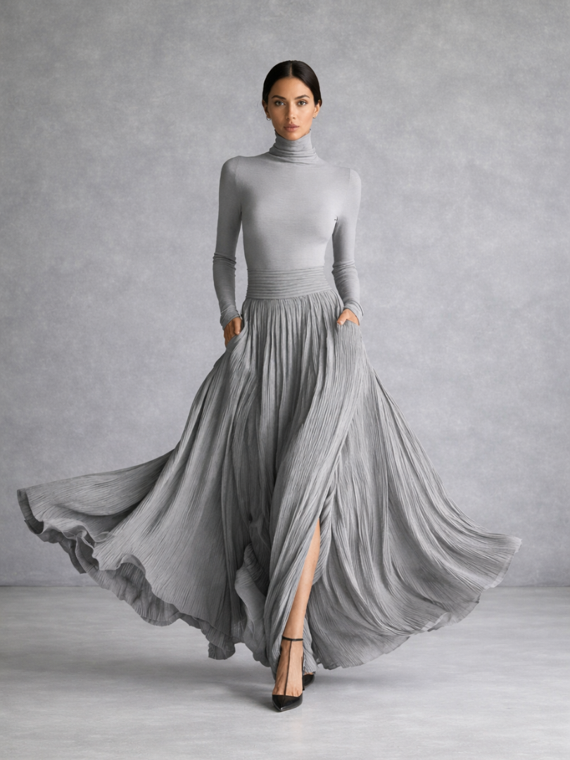 Fashionable women's black pleated turtleneck maxi dress, long sleeve, full skirt for elegant evening & modest wear.
