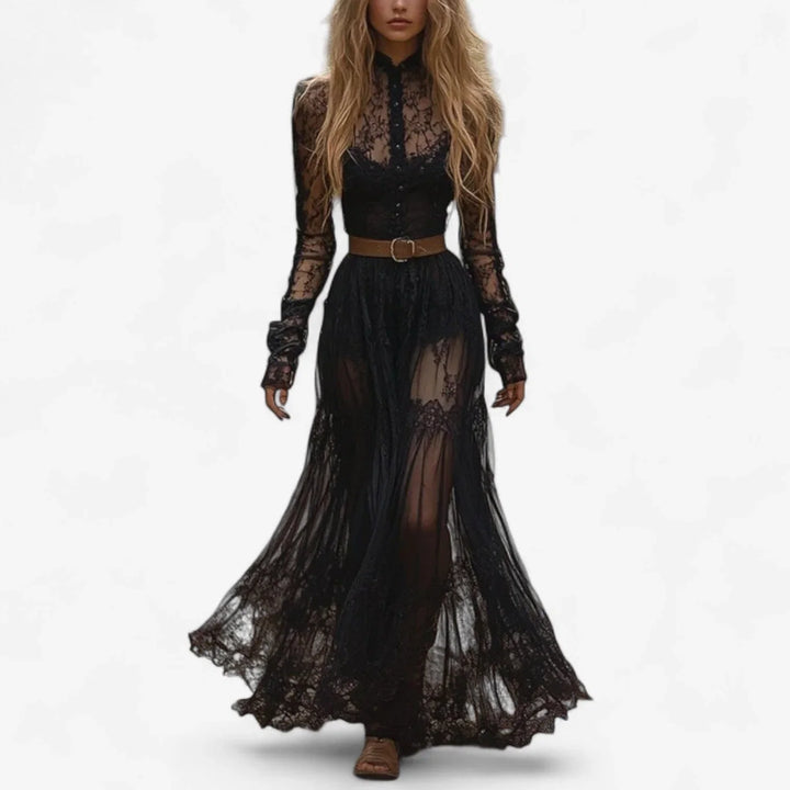 Elegant women's black sheer maxi dress with high neck, long sleeves & button front, perfect for evening wear & parties.