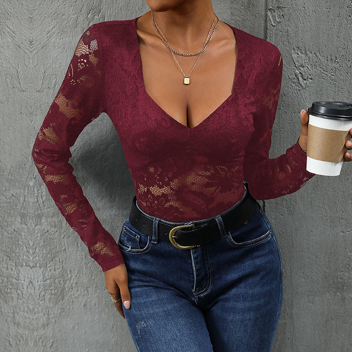 Women's sheer V-neck long sleeve bodysuit, sophisticated partywear & intimate chic fashion.