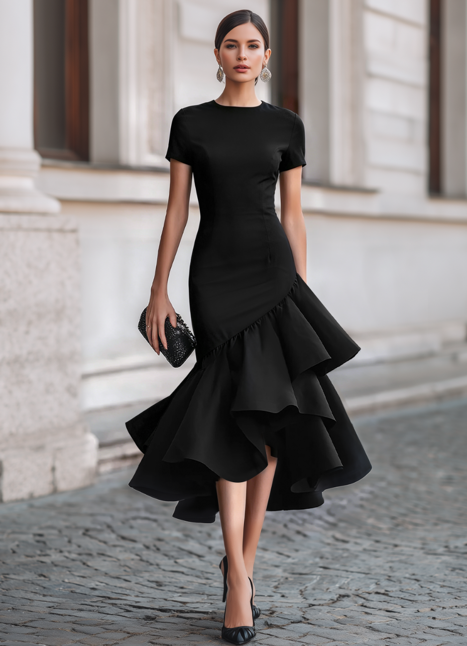 Chic black tailored ruffle midi dress for women, styled elegantly for wedding guests, galas, and party events.