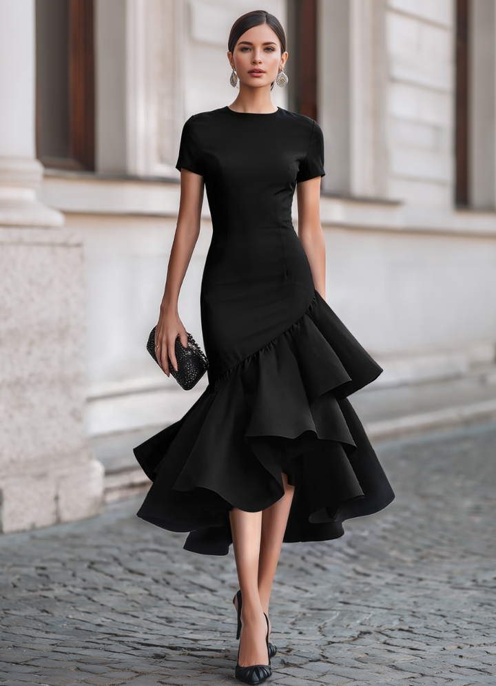 Chic black tailored ruffle midi dress for women, styled elegantly for wedding guests, galas, and party events.