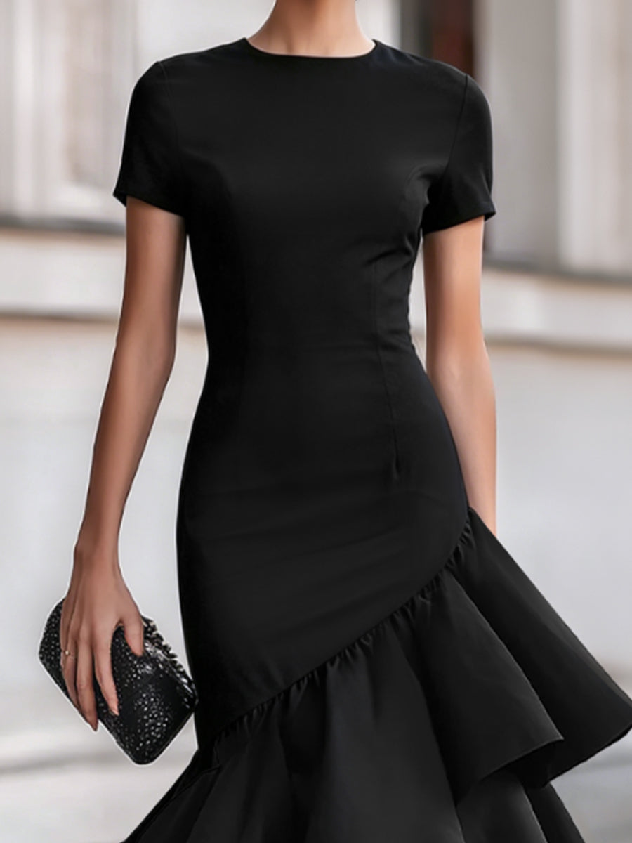 Stylish women's black ruffle midi cocktail dress, a sophisticated choice for formal parties and evening galas.