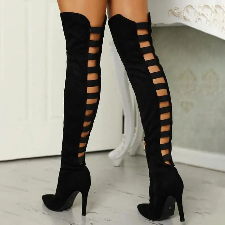 Elegant women's black thigh-high open-toe boots with a chic heel, perfect for fall fashion and a statement look.