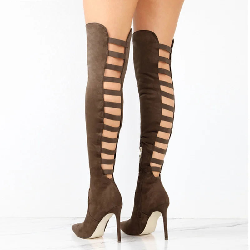 Stylish women's open-toe thigh-high boots, a sleek heeled design for elegant fall and winter fashion footwear.