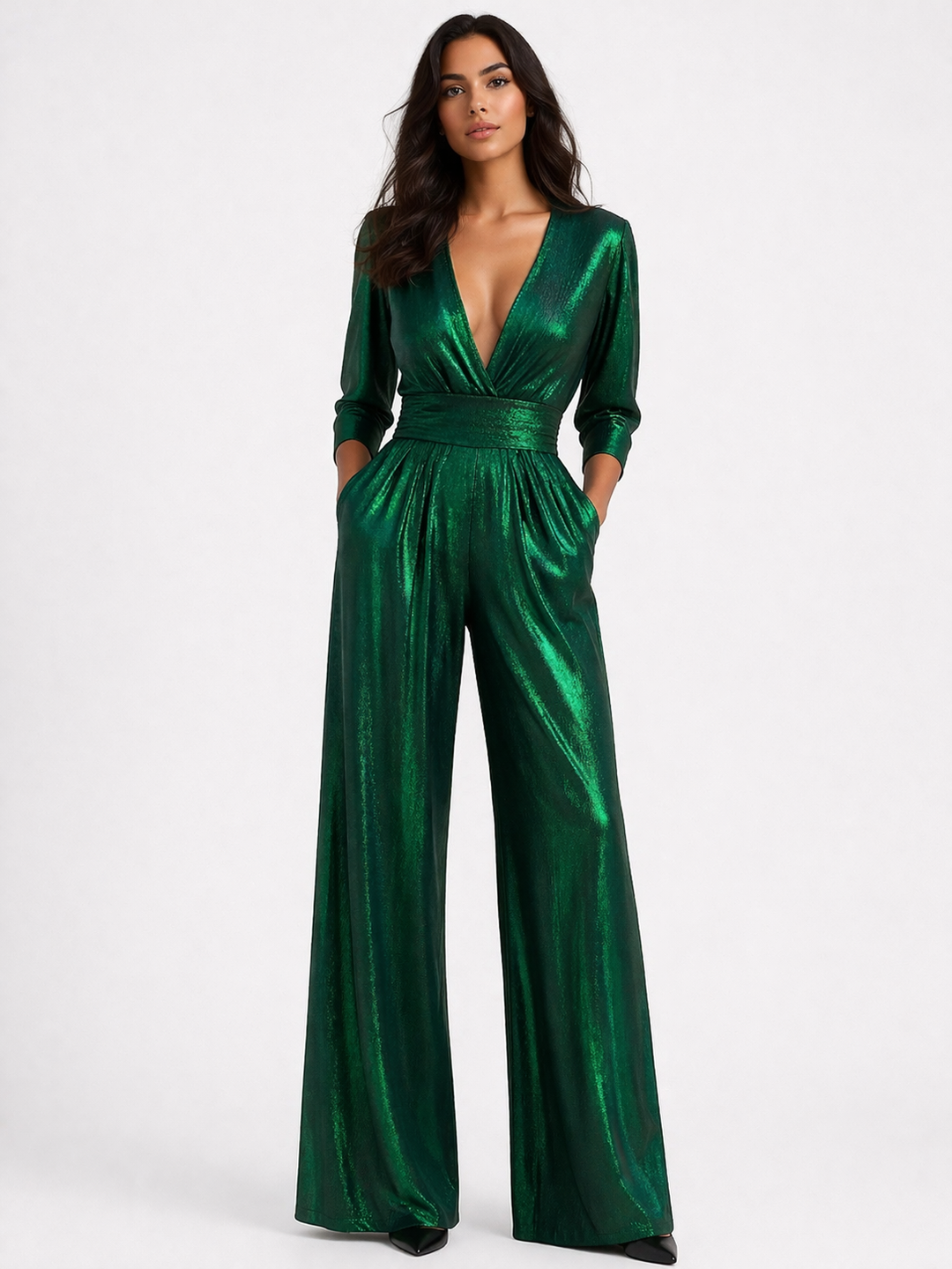 Elegant women's black wide-leg V-neck jumpsuit for evening events, formal parties, & special occasions.