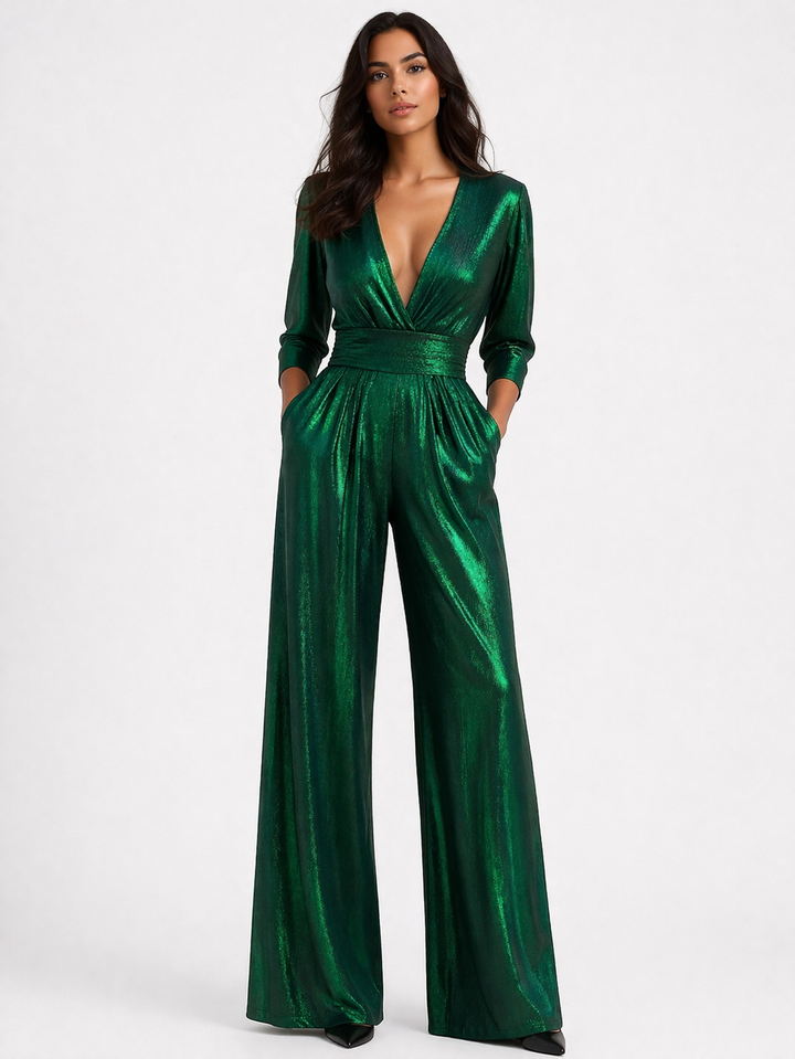 Elegant women's black wide-leg V-neck jumpsuit for evening events, formal parties, & special occasions.