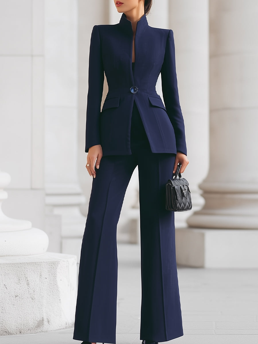Elegant women's blazer and trousers suit set, perfect for business casual office wear.