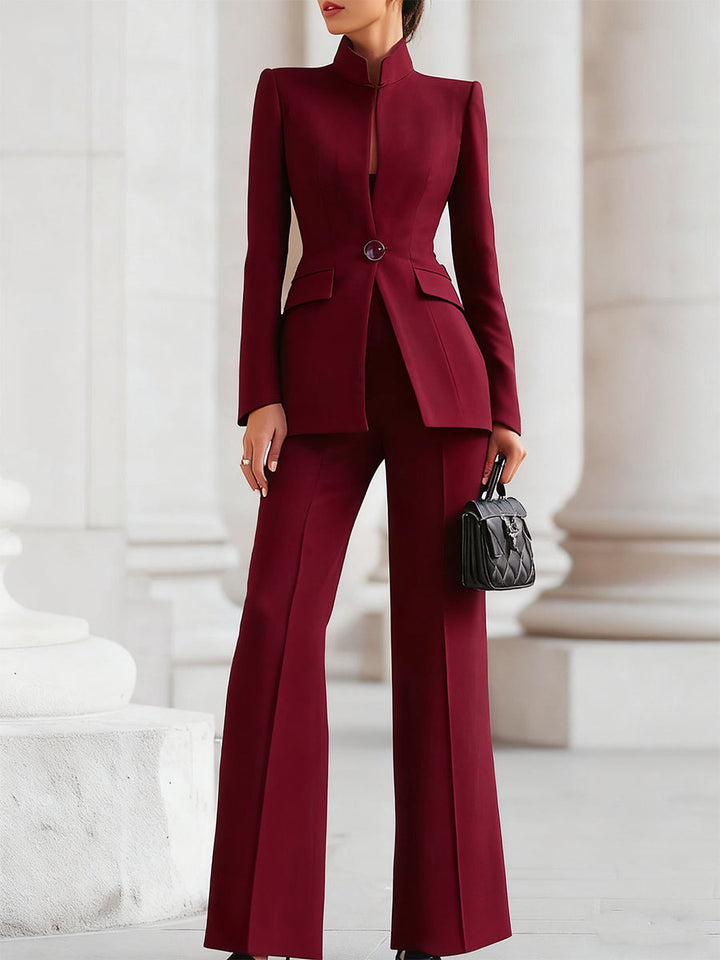 Sophisticated women's coordinated blazer and trousers set, an elegant outfit for work.