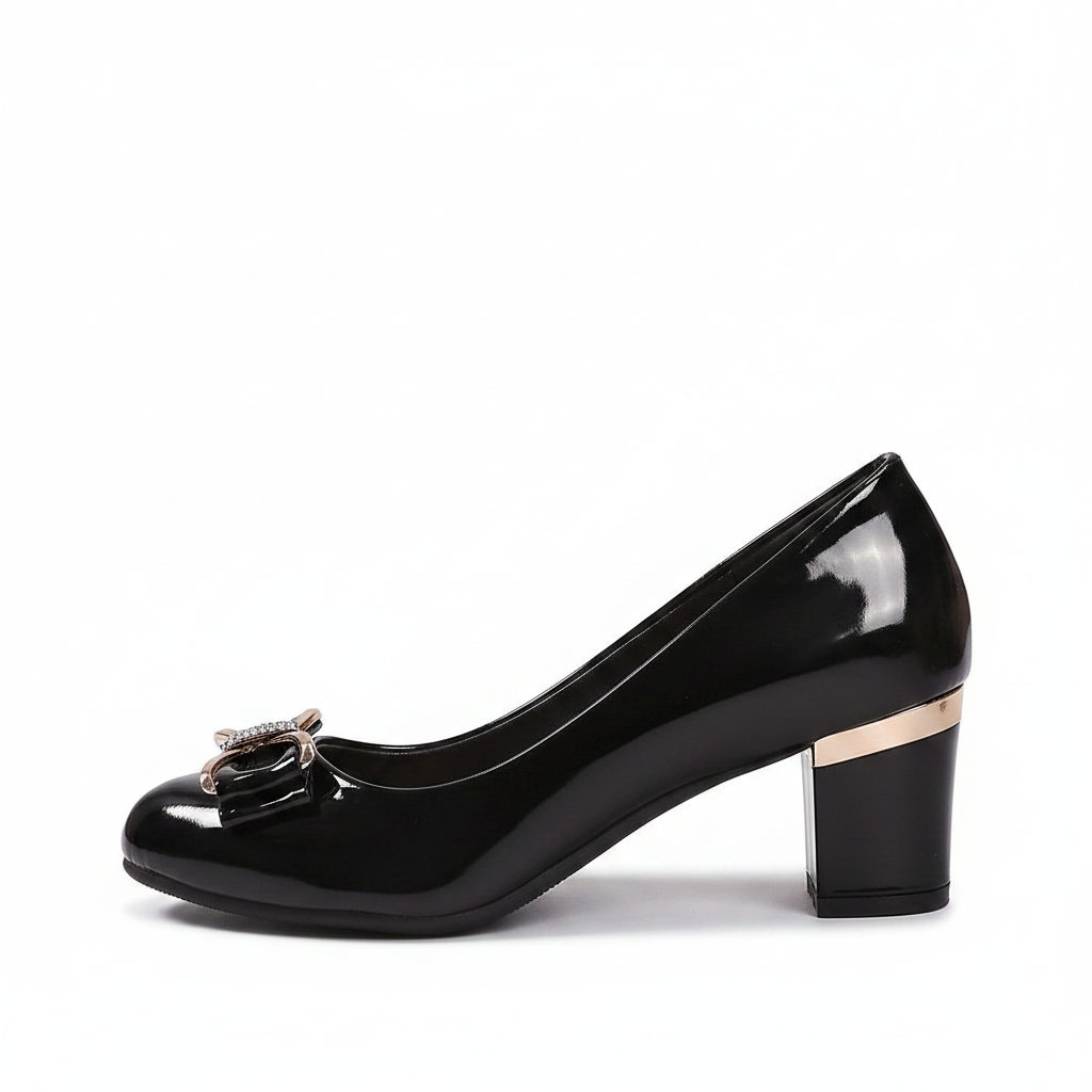 Elegant women's block heel pumps with chic bow detail, comfortable & versatile for day to night wear.
