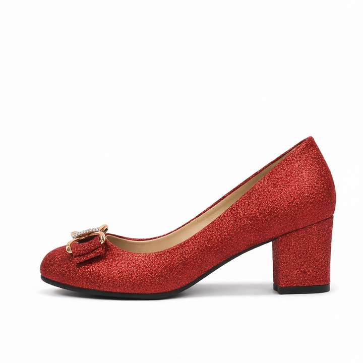Modern women's elegant block heel pumps, easy slip-on style with a charming bow, perfect versatile footwear.