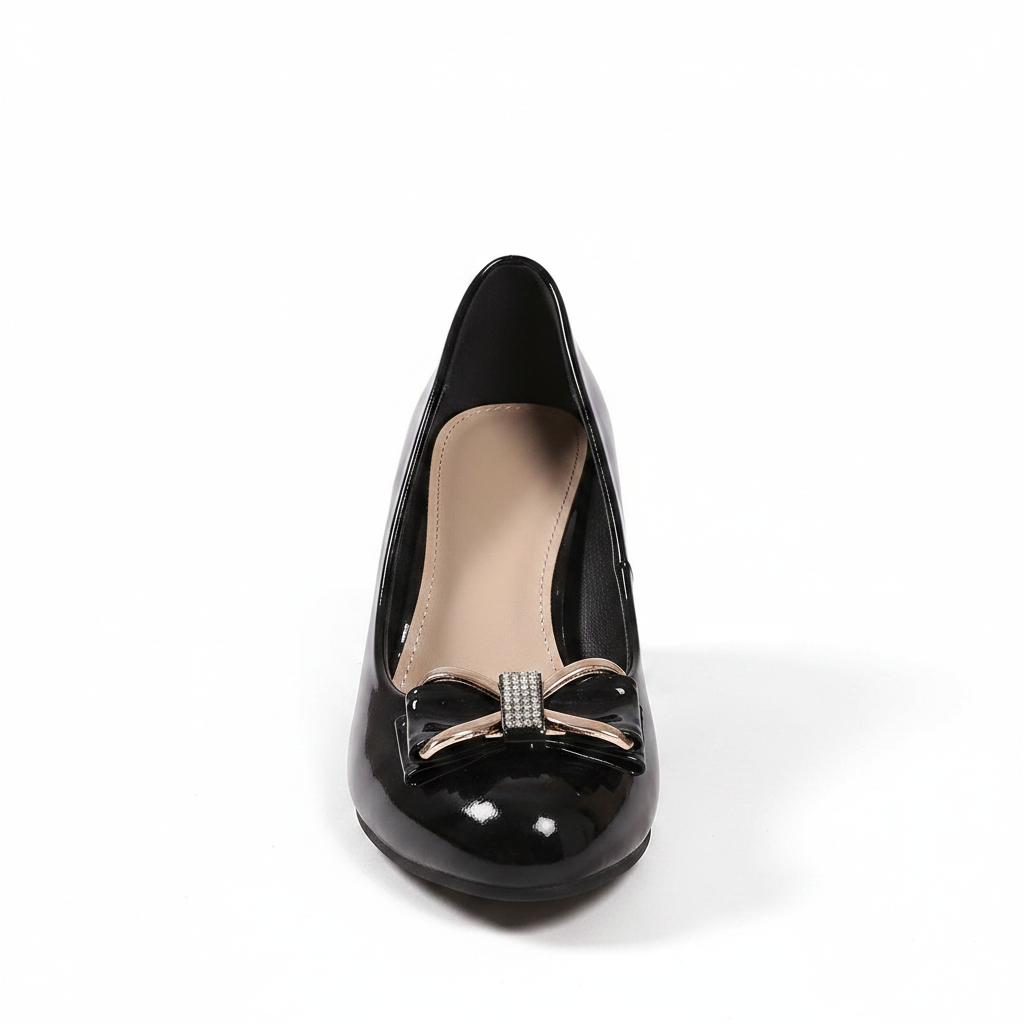 Stylish women's black block heel pumps with a charming bow detail, versatile and comfortable footwear.