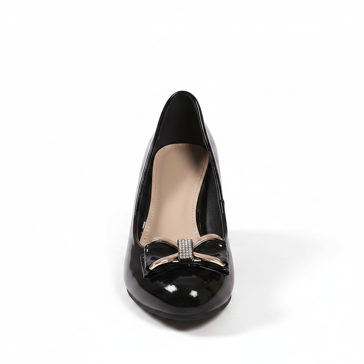Stylish women's black block heel pumps with a charming bow detail, versatile and comfortable footwear.