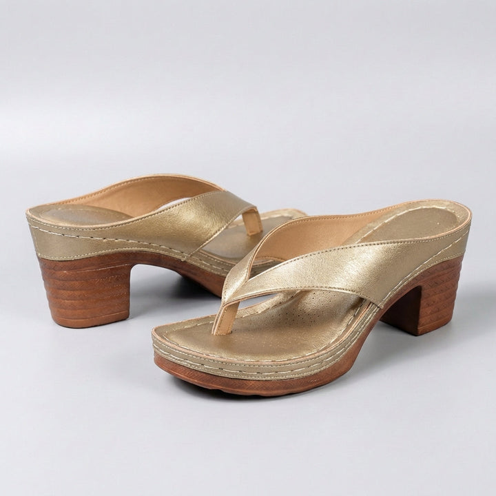 Side view of women's elegant block heel thong sandals