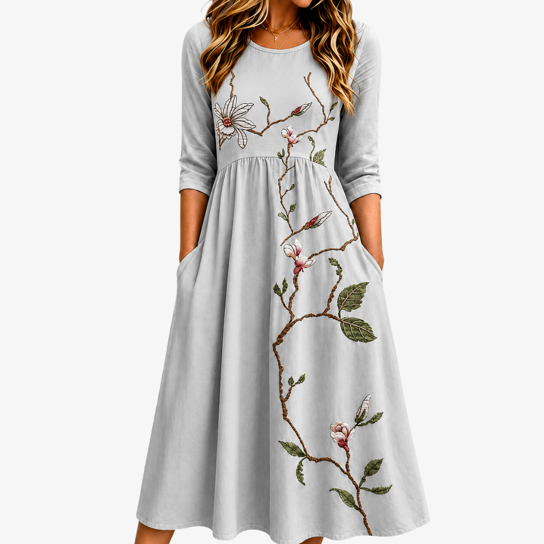 Elegant women's blossom print midi dress with pockets. Flowy floral design, perfect for spring & summer casual wear.