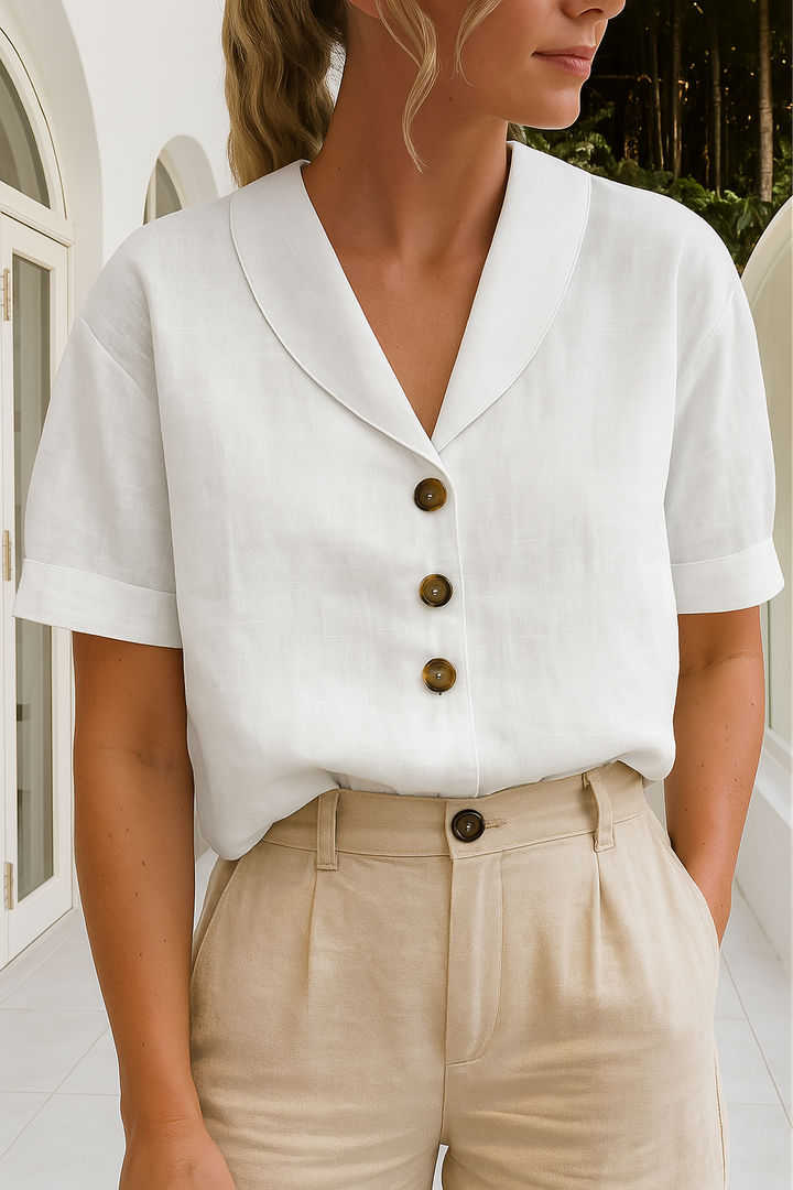 Elegant women's blouse with shawl collar & button front. Perfect short sleeve top for office wear or chic casual style.