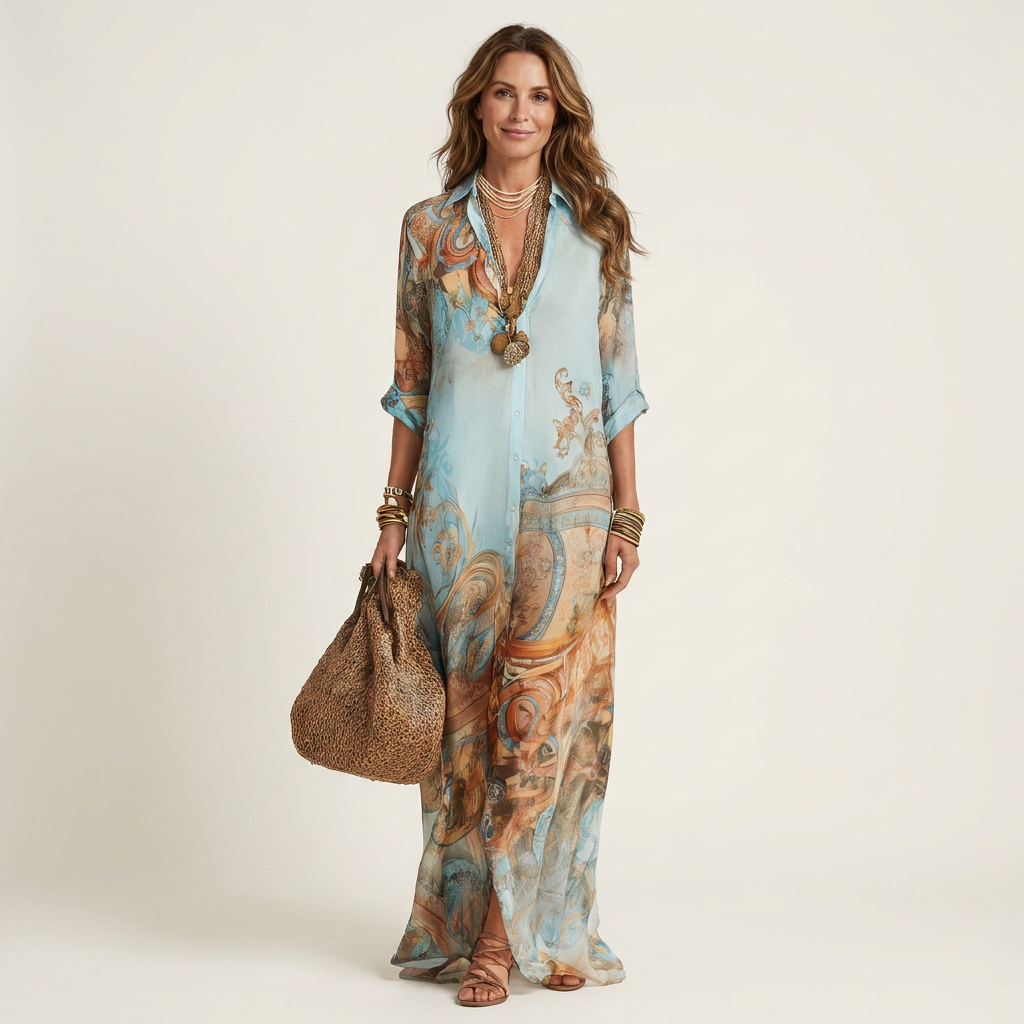 Elegant women's blue baroque print maxi shirt dress with long sleeves, perfect for sophisticated resort wear.