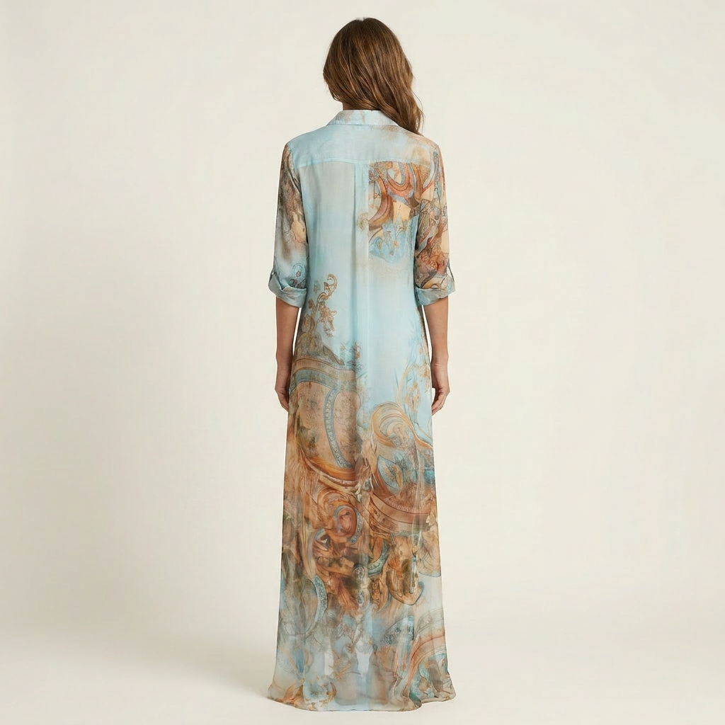 Women's button-front maxi shirt dress featuring a vibrant blue baroque print, ideal for elegant evening or vacation style.