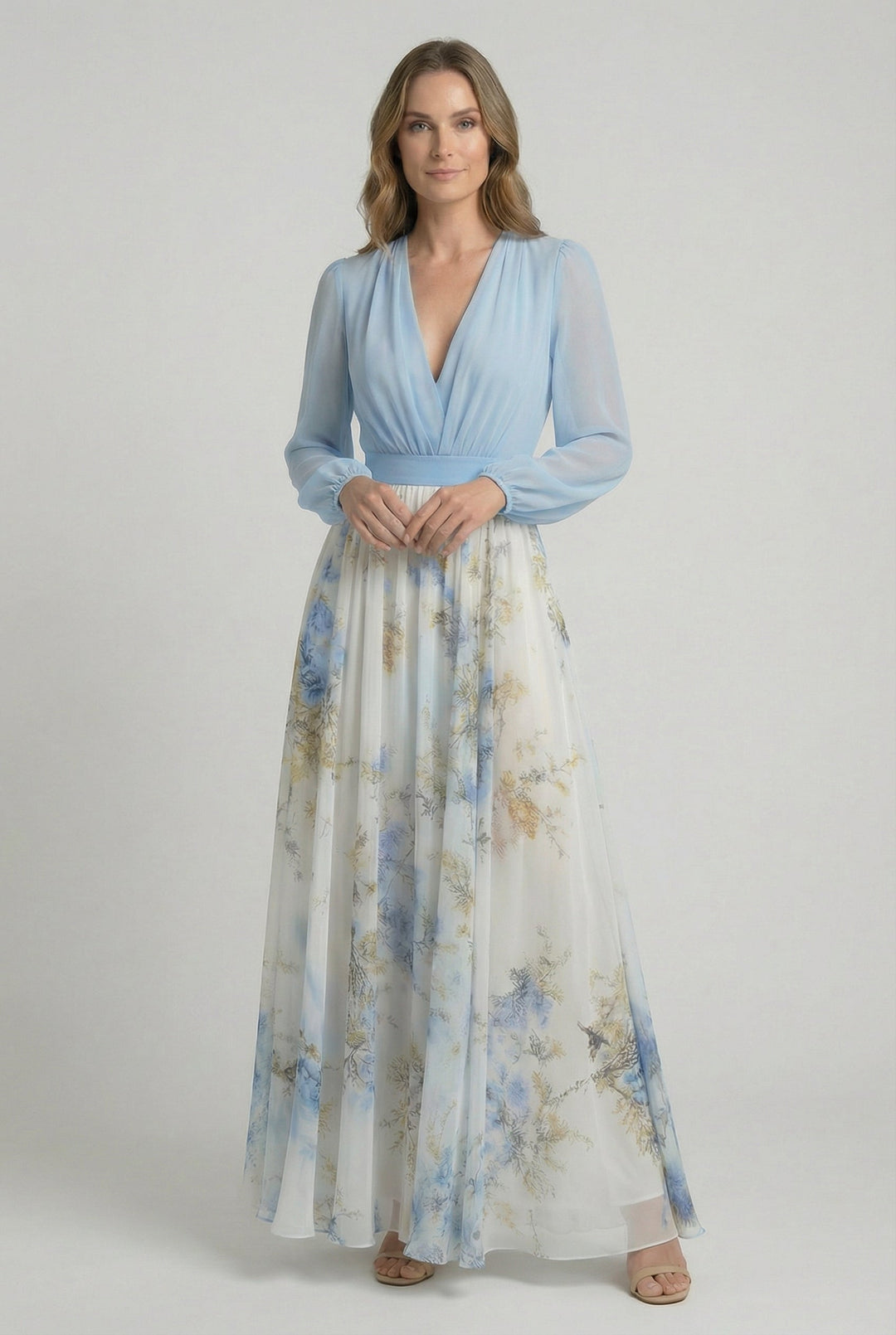 Elegant women's blue floral maxi dress for evening events