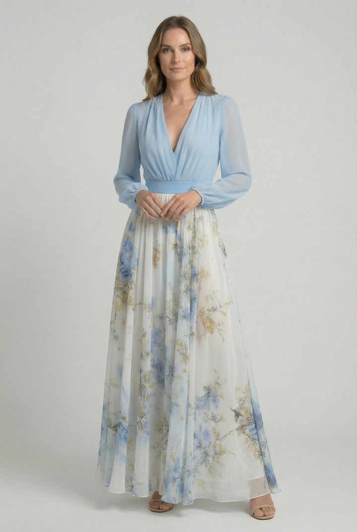 Elegant women's blue floral maxi dress for evening events