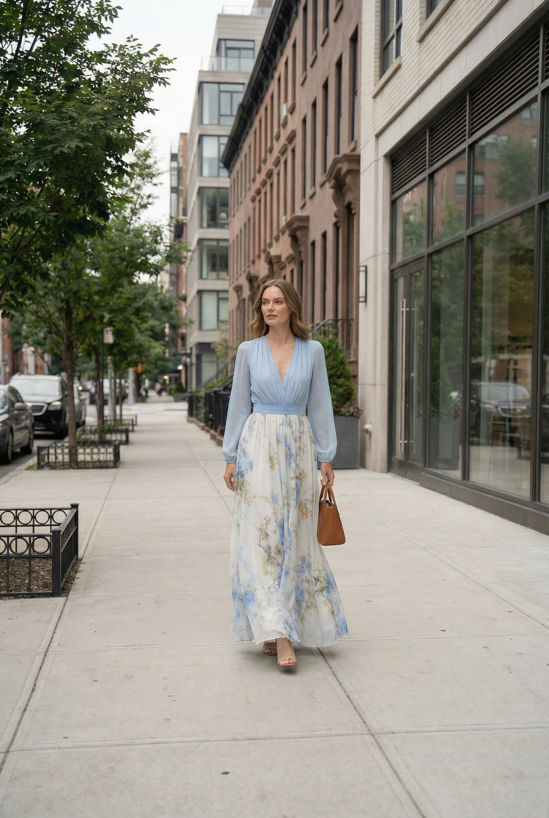 Women's elegant floral maxi evening gown in stunning blue