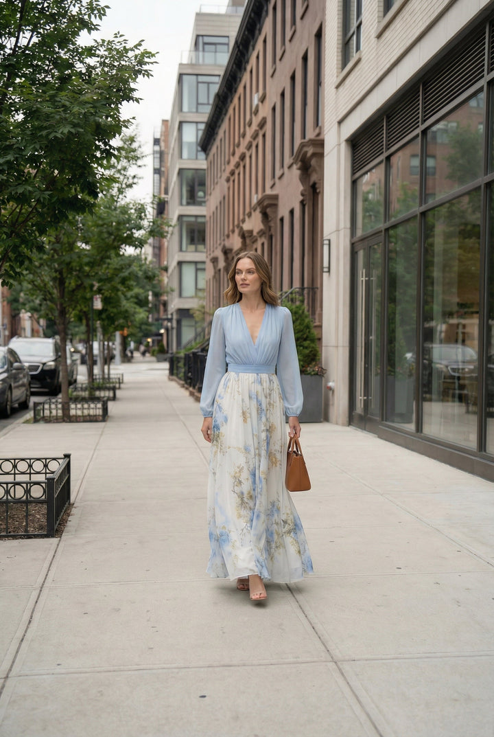Women's elegant floral maxi evening gown in stunning blue
