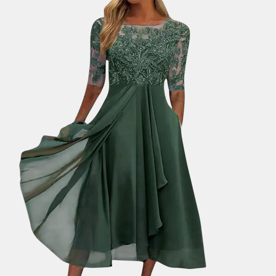 Stunning green lace-inspired occasion dress for women, ideal as evening wear or a special event party dress.