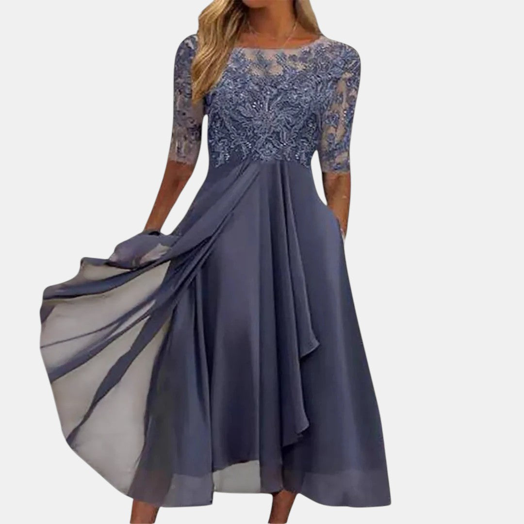 Women's purple elegant evening dress with a lace-inspired design, perfect for formal events & parties.