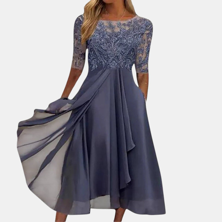 Women's purple elegant evening dress with a lace-inspired design, perfect for formal events & parties.
