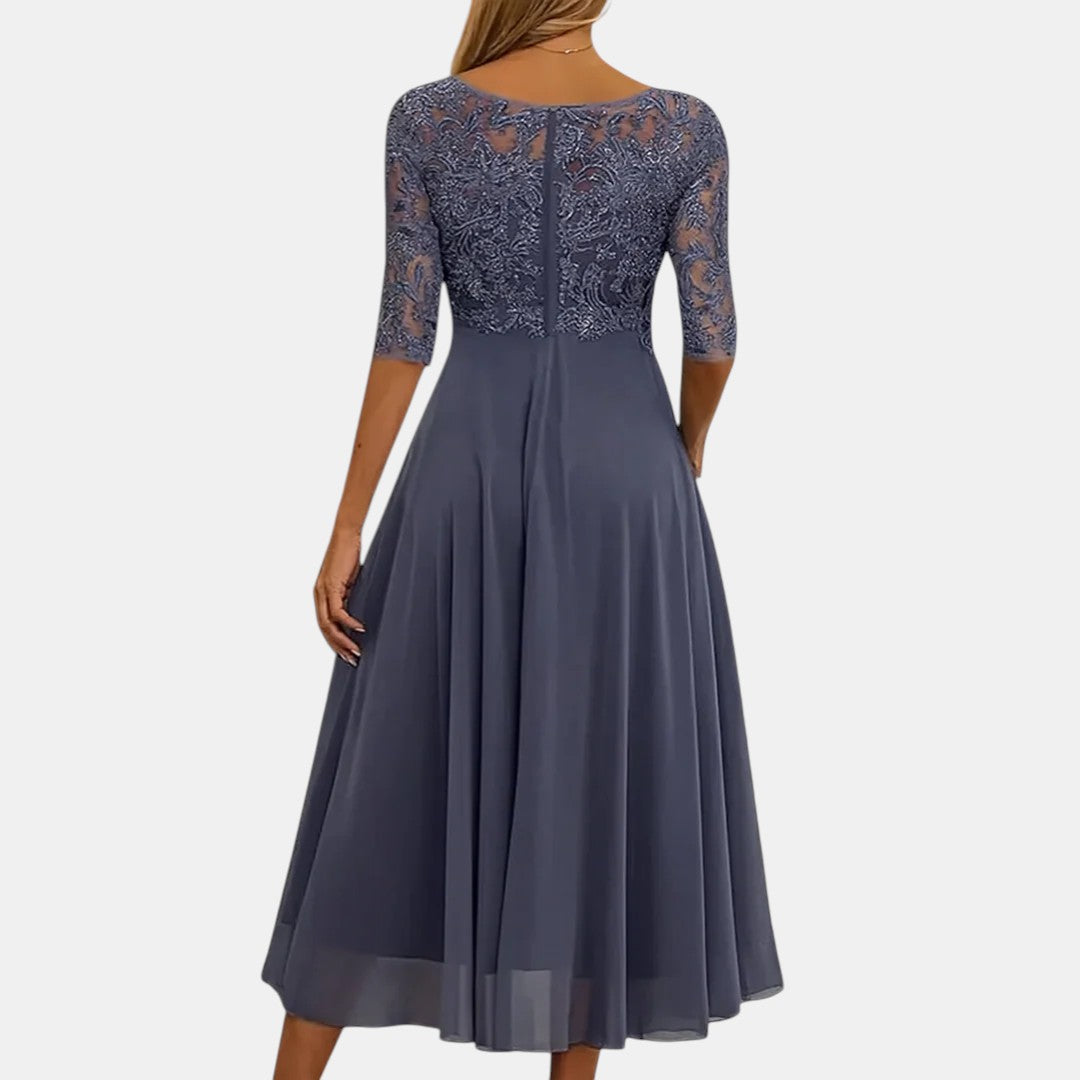 Stylish women's lace occasion dress, available in various colors like blue, pink, cream, green, purple.