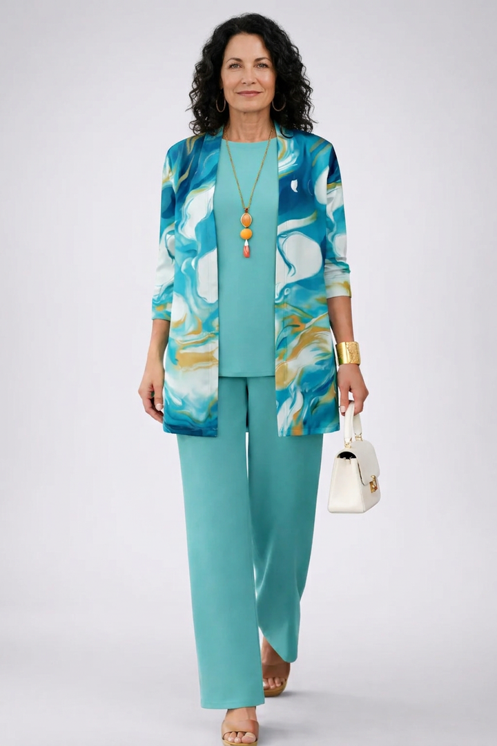 Elegant women's blue marble print 3-piece outfit set, featuring a relaxed fit. Perfect for spring/summer casual elegance.