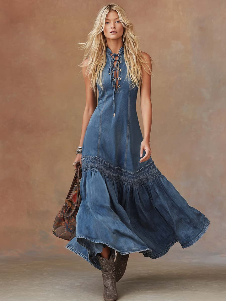 Women's chic sleeveless collared blue maxi dress with lace-up detail, ideal for casual autumn or summer events.