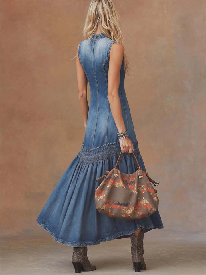 Women's sleeveless blue maxi dress with elegant laced collar, perfect for sophisticated summer or autumn casual wear.
