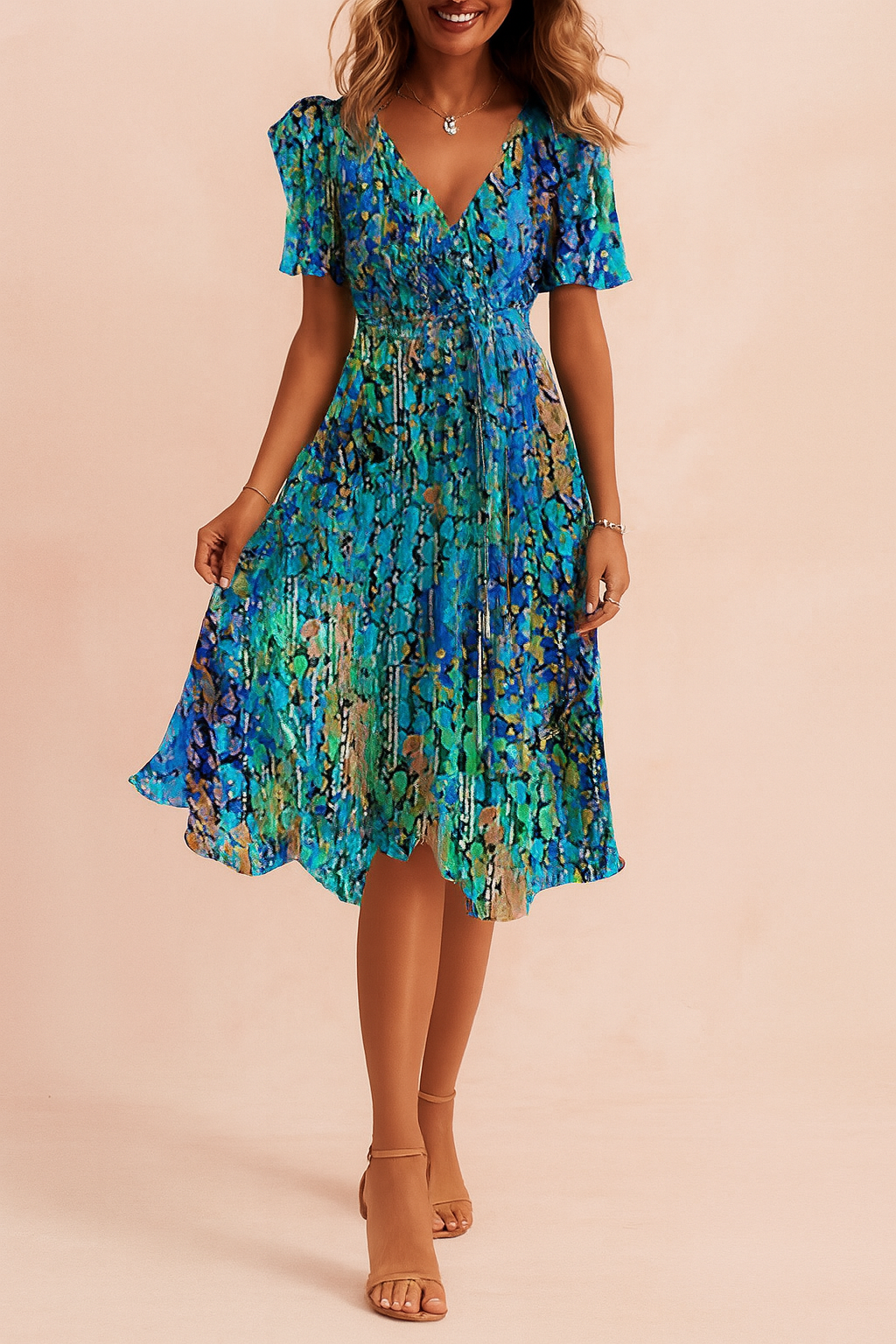 Elegant women's blue midi dress, versatile for party, work or casual wear. Timeless style & comfort fit.