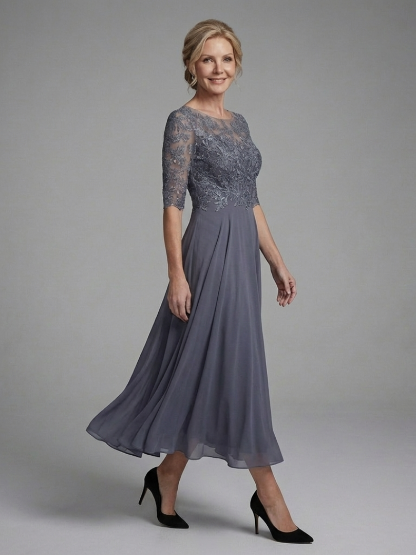 Burgundy lace bodice midi dress for women featuring sheer sleeves & a flowing skirt, ideal for formal events.